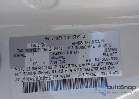 2020 Mazda Mx-5 Miata Sport z USA, uszkodzony, nr VIN JM1NDAB71L0416637